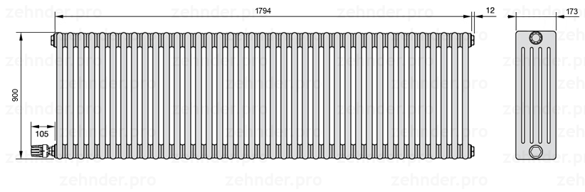 Схема (чертеж) Радиатор Zehnder Charleston 5090/39 №V003 Белый глянцевый RAL 9016